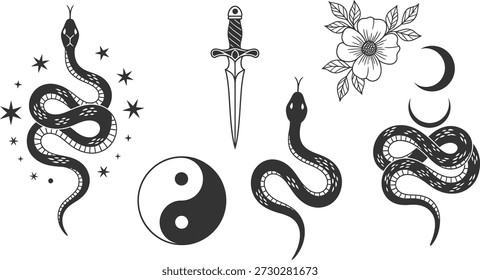 Esta imagem mostra uma coleção de desenhos de tatuagem em preto e branco, com cobras, um punhal, uma flor, um símbolo yin yang e luas crescentes, dispostas contra um fundo branco simples.