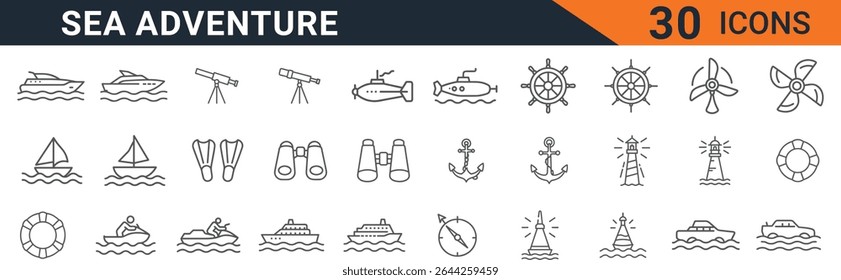 This image showcases a collection of thirty meticulously crafted line icons, all themed around sea adventures. The icons depict a diverse range of nautical elements, including various types of boats