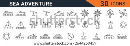This image showcases a collection of thirty meticulously crafted line icons, all themed around sea adventures. The icons depict a diverse range of nautical elements, including various types of boats