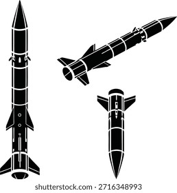 Esta imagem mostra uma coleção de três projetos de mísseis distintos, cada um com características e configurações exclusivas. Os mísseis são retratados em um estilo simples e detalhado de ilustração em preto-e-branco, destacando seus vários componentes e estruturas.