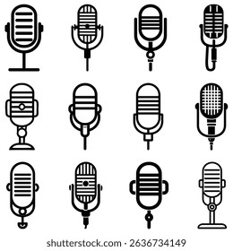 This image showcases a collection of twelve distinct microphone icons in black outline against a white background, representing vintage and modern audio recording equipment.