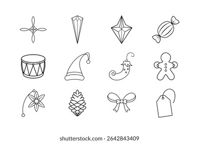 Dieses Bild zeigt eine Sammlung von zwölf Festtagsgrafiken, perfekt für Weihnachtsbasteln, Malvorlagen oder festliche Designprojekte.