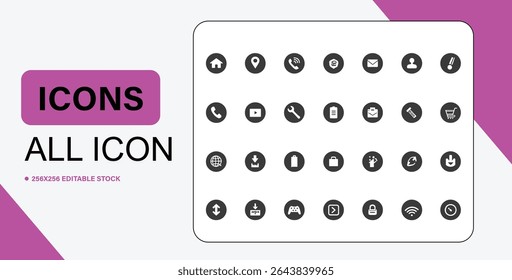 This image showcases a collection of twenty eight black and white icons, set against a clean white background.