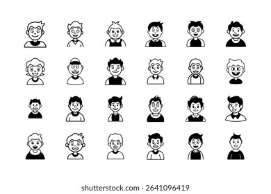 This image showcases a collection of twenty-four cartoon avatars of boys and one girl, rendered in black and white, displaying a variety of hairstyles and clothing.