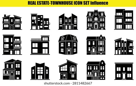 This image showcases a collection of two-dimensional townhouse facades each representing a distinct architectural style. The buildings are depicted as planar representations arranged against a light-colored surface emphasizing their structural forms.