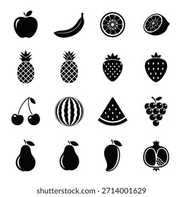 This image showcases a collection of various fruits depicted in a minimalist, black and white style. The fruits include an apple, banana, orange, pineapple, strawberry, cherry, watermelon, grape, pear