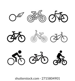 Esta Imagen muestra una colección de varias ilustraciones e íconos de bicicletas. Incluye un dibujo paso a paso de una bicicleta, una bicicleta de montaña dibujada, una bicicleta de carretera clásica, un icono de bicicleta simplificado, un contorno detallado de una bicicleta e iconos de personas que montan bicicletas en diferentes poses. La colección ofrece una representación diversa de bicicletas, desde contornos básicos hasta representaciones más detalladas.