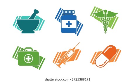 Esta Imagen muestra una colección de varios íconos médicos, incluyendo un mortero y un mortero, una botella de medicina, un caduceo, un botiquín de primeros auxilios, una jeringuilla y una cápsula. Los iconos cuentan con una paleta de colores vibrantes y se colocan sobre un fondo blanco, lo que sugiere un tema médico o farmacéutico. Adecuado para proyectos relacionados con la salud y el Uso comercial.