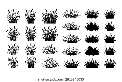 This image showcases a collection of various grasses and reeds presented as black silhouettes, offering a distinctive graphic style for design projects.