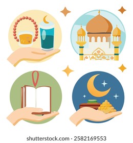 This image showcases a collection of vibrant, stylized Islamic symbols, including a mosque, a Quran, a crescent moon, prayer beads, a traditional beverage container, and sweet treats.