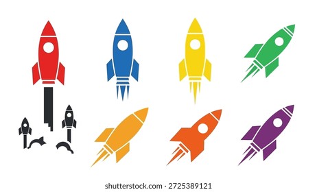 Esta Imagen muestra una colección de vibrantes ilustraciones de cohetes sobre un fondo blanco. Los cohetes varían en color, incluyendo rojo, azul, amarillo, verde, naranja y púrpura, con llamas estilizadas. Este Arte vectorial podría ser utilizado para varios proyectos que requieren imágenes relacionadas con el progreso, las ideas o el crecimiento.