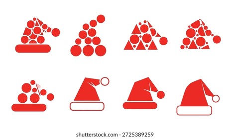 Esta Imagen muestra una colección de vibrantes diseños de sombreros de Santa rojo. Los sombreros varían en estilo, algunos con patrones geométricos mientras que otros presentan una apariencia más tradicional. La composición enfatiza el tema festivo, con un diseño limpio y moderno adecuado para diversas aplicaciones. Se puede utilizar para publicidad de temática navideña o proyectos de diseño.