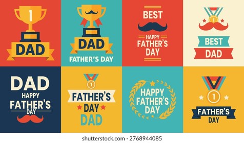 This image showcases a colorful grid of Father's Day themed designs, featuring trophies, mustaches, ribbons, and the words 'Dad' and 'Father's Day' in various styles. It's a celebratory collection.