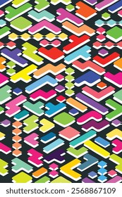 This image showcases a colorful and vibrant geometric pattern designed in a seamless format, allowing it to repeat without visible edges. The shapes resemble interconnected bricks.