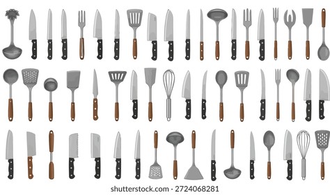Esta Imagen muestra una amplia variedad de utensilios de cocina y cubiertos dispuestos cuidadosamente sobre un fondo blanco limpio. La colección incluye una variedad de herramientas como cuchillos, tenedores, cucharas, espátulas, batidores y más. La Imagen parece ser una exposición de productos o una foto de catálogo, lo que pone de relieve la variedad de elementos esenciales de cocina disponibles. Los utensilios se representan de una manera directa y organizada, lo que facilita la visualización y comparación de los diferentes artículos.
