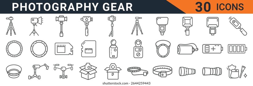 This image showcases a comprehensive collection of thirty meticulously crafted line icons representing essential photography gear. The icons depict a diverse range of equipment, including cameras, t
