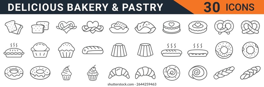 This image showcases a comprehensive collection of thirty meticulously crafted line icons, each representing a delectable variety of bakery and pastry items. The icons are presented in a clean, cons