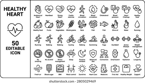 This image, showcases a comprehensive collection of 50 editable icons dedicated to maintaining a healthy heart. The set includes a wide array of visual elements such as anatomical heart representations, diagnostic equipment, fitness activities, nutritional guidelines, and stress management habits. These clean, professional-grade outline icons are an ideal resource for healthcare websites, fitness applications, patient educational materials, and clinical design projects requiring clear cardiovascular imagery.