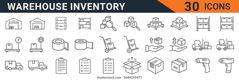 This image showcases a comprehensive set of 30 meticulously crafted line icons related to warehouse inventory management. The icons depict various aspects of logistics, storage, and delivery, includ