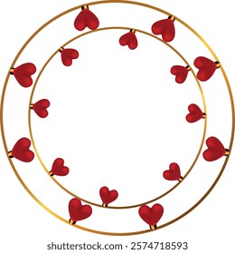 This image showcases a decorative circular frame made of intertwined golden rings adorned with small, glossy red hearts, creating an elegant and romantic design.