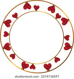 This image showcases a decorative circular frame made of intertwined golden rings adorned with small, glossy red hearts, creating an elegant and romantic design.