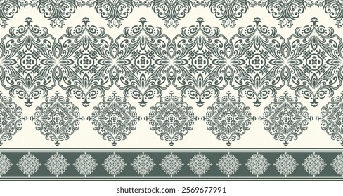 This image showcases a decorative pattern with a distinct vintage or traditional aesthetic. It features a repeating motif of intricate, curvilinear floral designs in a dark green color a