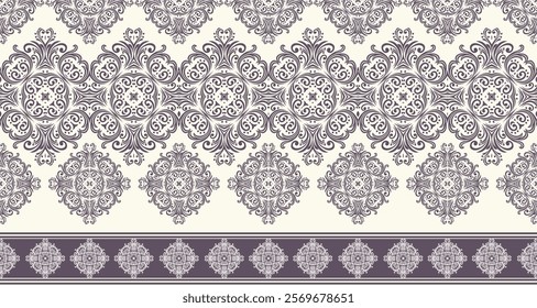 This image showcases a decorative pattern with a distinct vintage or traditional aesthetic. It features a repeating motif of intricate, curvilinear floral designs in a soft purple color against a ligh