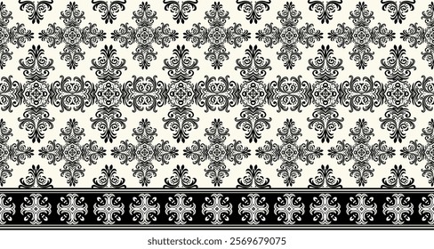 This image showcases a decorative pattern with a distinct vintage or traditional aesthetic. It features a repeating motif of intricate, curvilinear floral designs in a soft purple color 