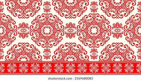 This image showcases a decorative pattern with a distinct vintage or traditional aesthetic. It features a repeating motif of intricate, curvilinear floral designs in a vibrant red color 