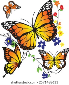 This image showcases a delightful arrangement of monarch butterflies with intricate wing patterns and vibrant colors, surrounded by colorful flowers and leafy branches.