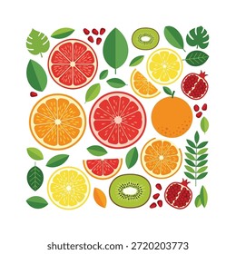 Esta imagem mostra um arranjo delicioso de vários citrinos e frutas tropicais. A composição inclui fatias e frutos inteiros, como laranjas, toranjas, limões, limas, quivis e bagas. Os frutos são cercados por folhas verdes exuberantes e folhagem, criando uma atmosfera fresca e convidativa. As cores brilhantes e as ilustrações detalhadas destacam a beleza natural e a variedade destes frutos saudáveis.