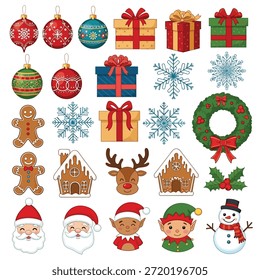 Esta Imagen muestra una deliciosa variedad de adornos de Navidades y figuras festivas. Incluye una variedad de adornos como adornos, copos de nieve y cajas de regalo, todos adornados con colores vibrantes y diseños intrincados. Además, hay figuras encantadoras como hombres de jengibre, renos y elfos, que se suman al espíritu navideño. La colección es perfecta para decorar un árbol de Navidad o realzar las decoraciones navideñas.