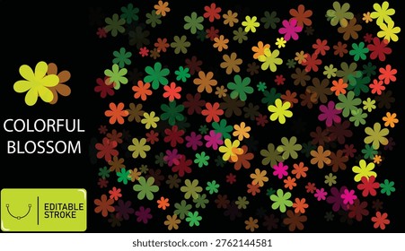 This image showcases a dense array of colorful flowers with varied shapes and vibrant hues, including yellow, red, green, and purple, spread across a dark backdrop. The flowers are stylized with a pixelated or digital art aesthetic, creating a visually striking and dynamic pattern. The design appears to be editable, suggesting it could be used for various creative projects, such as digital art, wallpapers, or design templates.