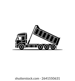 This image showcases a detailed black and white illustration of a dump truck, with its load bed tilted up, ready to unload cargo. The truck has six wheels.