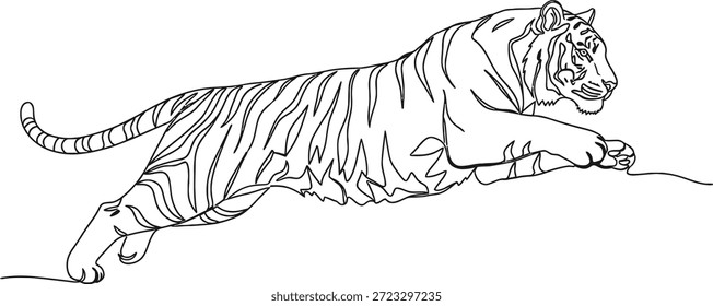 Esta imagem mostra uma ilustração detalhada em preto e branco de um tigre no salto médio, destacando seus músculos poderosos e listras distintas. A postura dinâmica do tigre e detalhes intrincados fazem dele uma peça de arte impressionante.