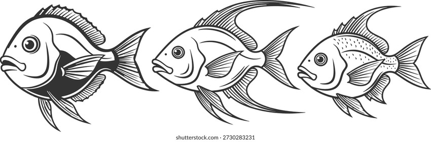 Esta imagem mostra uma ilustração detalhada em preto e branco de três peixes nadando juntos, destacando suas características únicas e movimento sincronizado. A ilustração captura a essência da vida aquática e a beleza dos peixes em seu habitat natural.