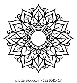 This image showcases a detailed black and white floral mandala vector illustration with a white background. The symmetrical design features intricate floral patterns and is ideal for decorative projects.