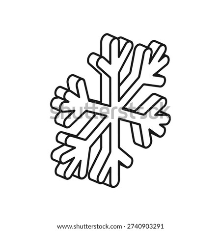This image showcases a detailed black-and-white line drawing of a snowflake. The snowflake features a symmetrical, geometric design with six main branches, each further dividing into smaller segments. The pattern exemplifies the typical crystalline structure of snowflakes, emphasizing precision and delicate artistry.