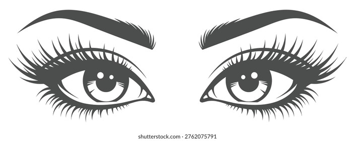 This image showcases a detailed close-up of a pair of captivating female eyes, accentuated by long, thick, and dramatic eyelashes. The perfectly arched eyebrows frame the eyes, enhancing their expressive quality and allure.