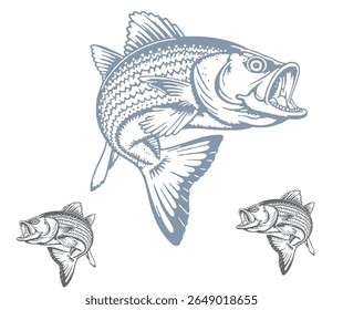 This image showcases a detailed, stylized illustration of a fish with an open mouth, prominent fins, and textured scales.