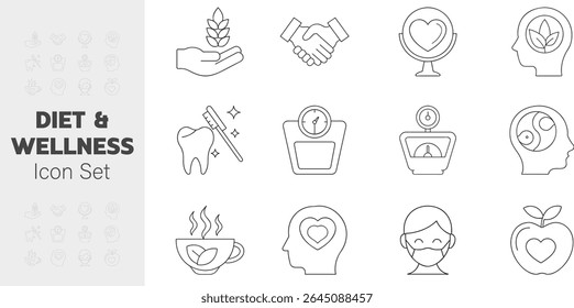 This image showcases a diet and wellness icon set. The line art illustration features symbols related to health, nutrition, mindfulness, and overall wellbeing concept in white background.
