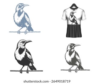 This image showcases different illustrations of a starling bird, including one featured on a two-tone t-shirt design.