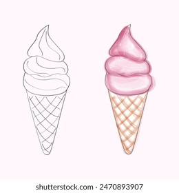 Esta Imagen muestra un dibujo digital de un cono de helado. La Imagen incluye un contorno blanco y negro en el lado izquierdo y una versión coloreada en el derecho