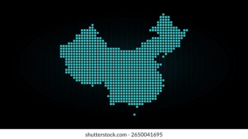 This image showcases a digital map of China comprised of turquoise squares against a black background, creating a pixelated effect that is both modern and minimalist while highlighting the country