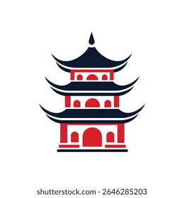 This image showcases a digitally rendered pagoda, featuring a three-tiered structure rendered in navy blue and red against a stark white backdrop, symbolizing cultural artistry.