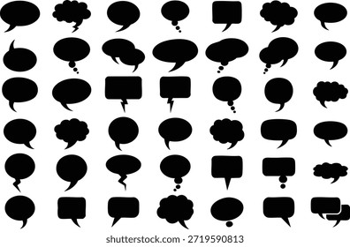 Esta Imagen muestra una variedad diversa de habla negra y burbujas de pensamiento de diferentes Formas y tamaños, cuidadosamente dispuestas contra un fondo blanco. Es un gráfico versátil. profesional de alta calidad
