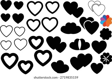 Esta Imagen muestra una variedad diversa de Formas de corazón, que van desde el negro sólido hasta los contornos blancos abiertos. Los corazones varían en estilo y tamaño, creando una colección visualmente atractiva. alta calidad