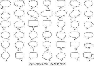 This image showcases a diverse assortment of empty speech and thought bubbles, all presented in a simple black and white outline style. They are of varying shapes and sizes, ideal for design.