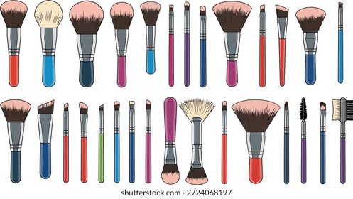 This image showcases a diverse assortment of colorful makeup brushes arranged on a clean white background. The brushes vary in shape, size, and color, with some featuring soft and fluffy bristles while others have more pointed or flat tips. The handles display a range of vibrant hues, adding a pop of color to the overall composition. The image appears to be a digital illustration, making it suitable for use in beauty tutorials, blog posts, or marketing materials for cosmetic brands.