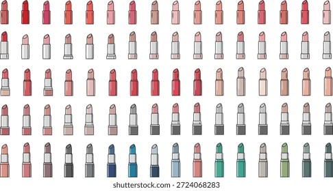 Esta Imagen muestra una variedad diversa de lápices labiales en varios colores y tonos, dispuestos cuidadosamente en filas sobre un fondo blanco limpio. Los labiales se muestran en sus tubos, destacando los diferentes tonos y colores disponibles, lo que lo convierte en una colección visualmente atractiva para los entusiastas de la belleza y la cosmética.